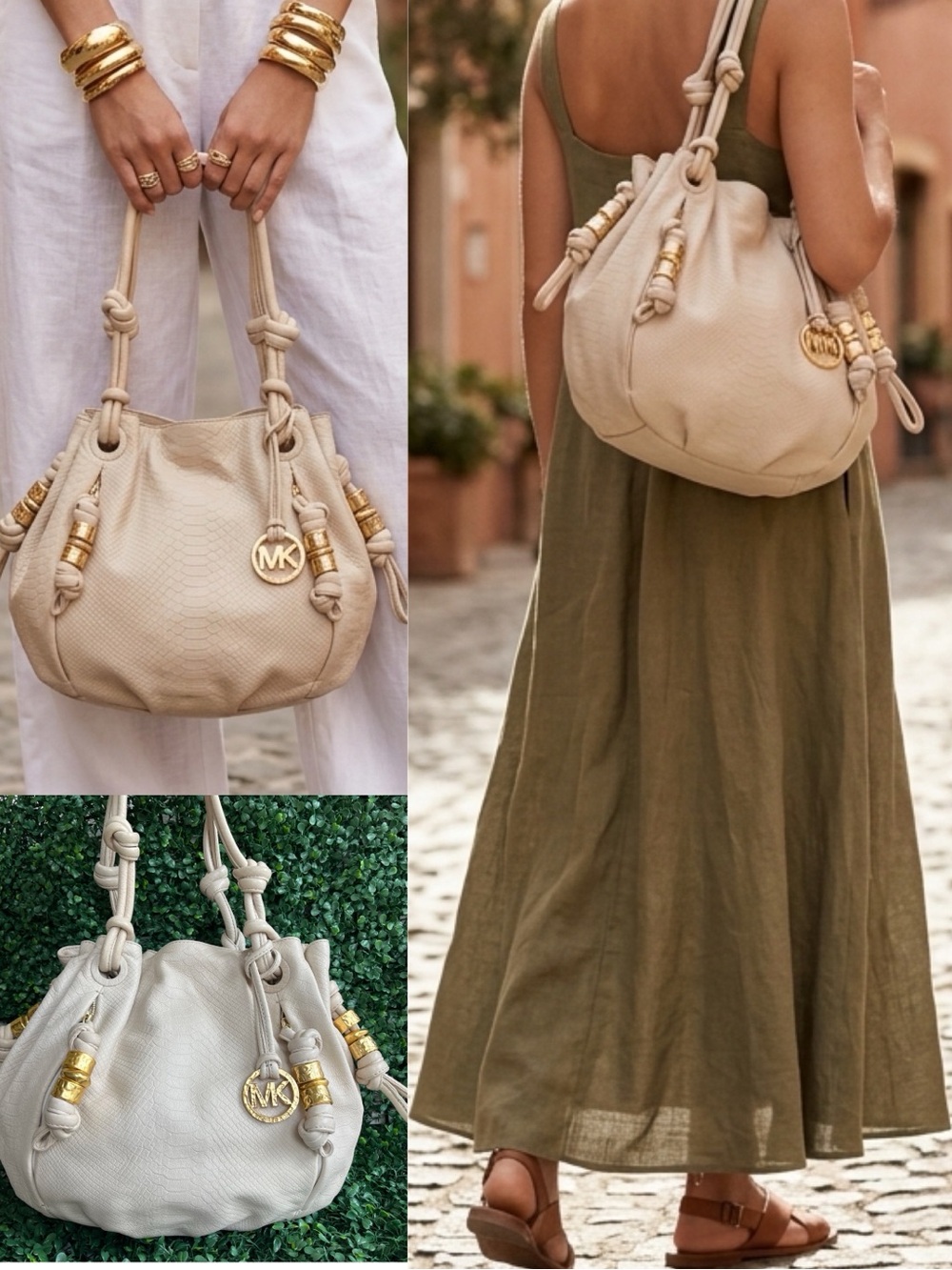 *RARE* MICHAEL KORS Ivory Roslyn Gold Knotted Astor Mina Lillie Tote bag